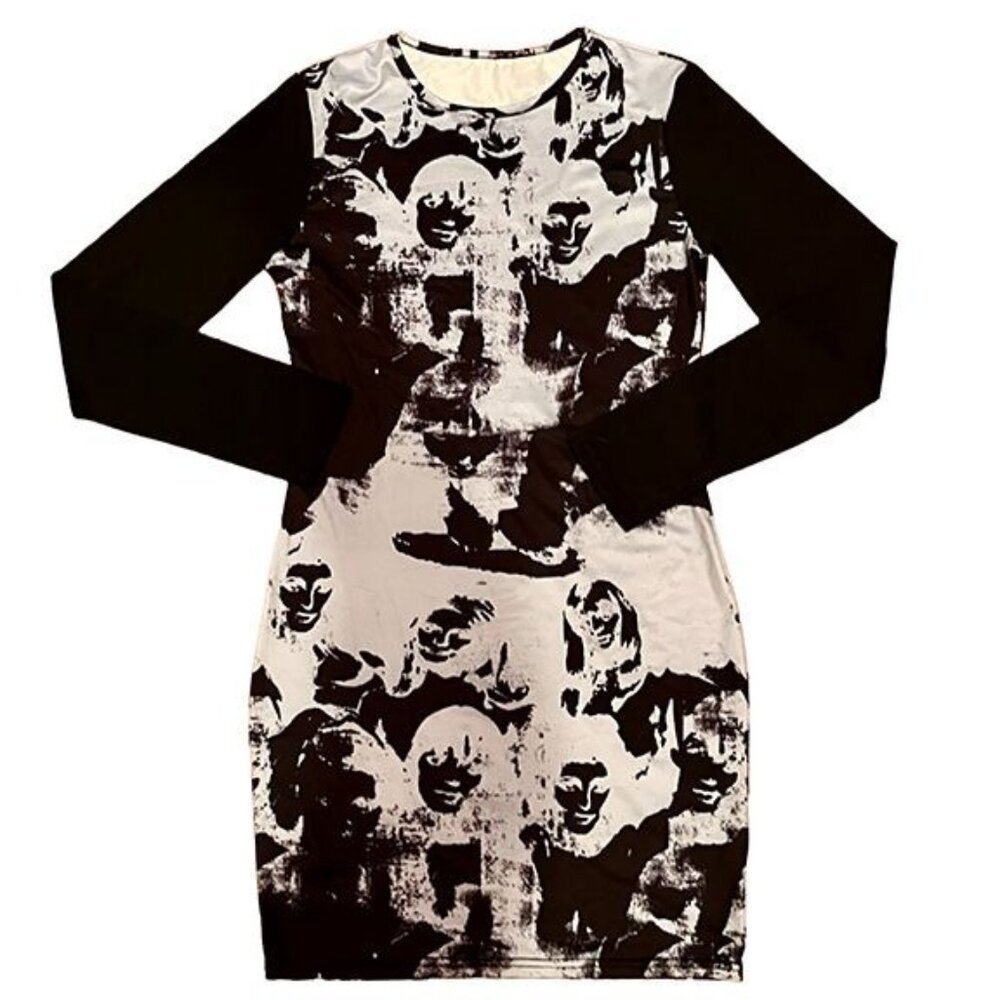 Y2K black and white mod bodycon dress, long sleeves, M